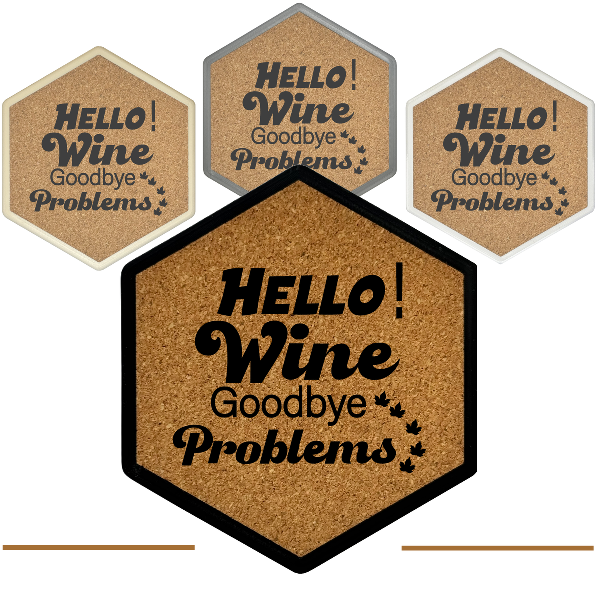 Hello Wine! – Hexagon Getränkeuntersetzer mit Kork und Flaschenöffner