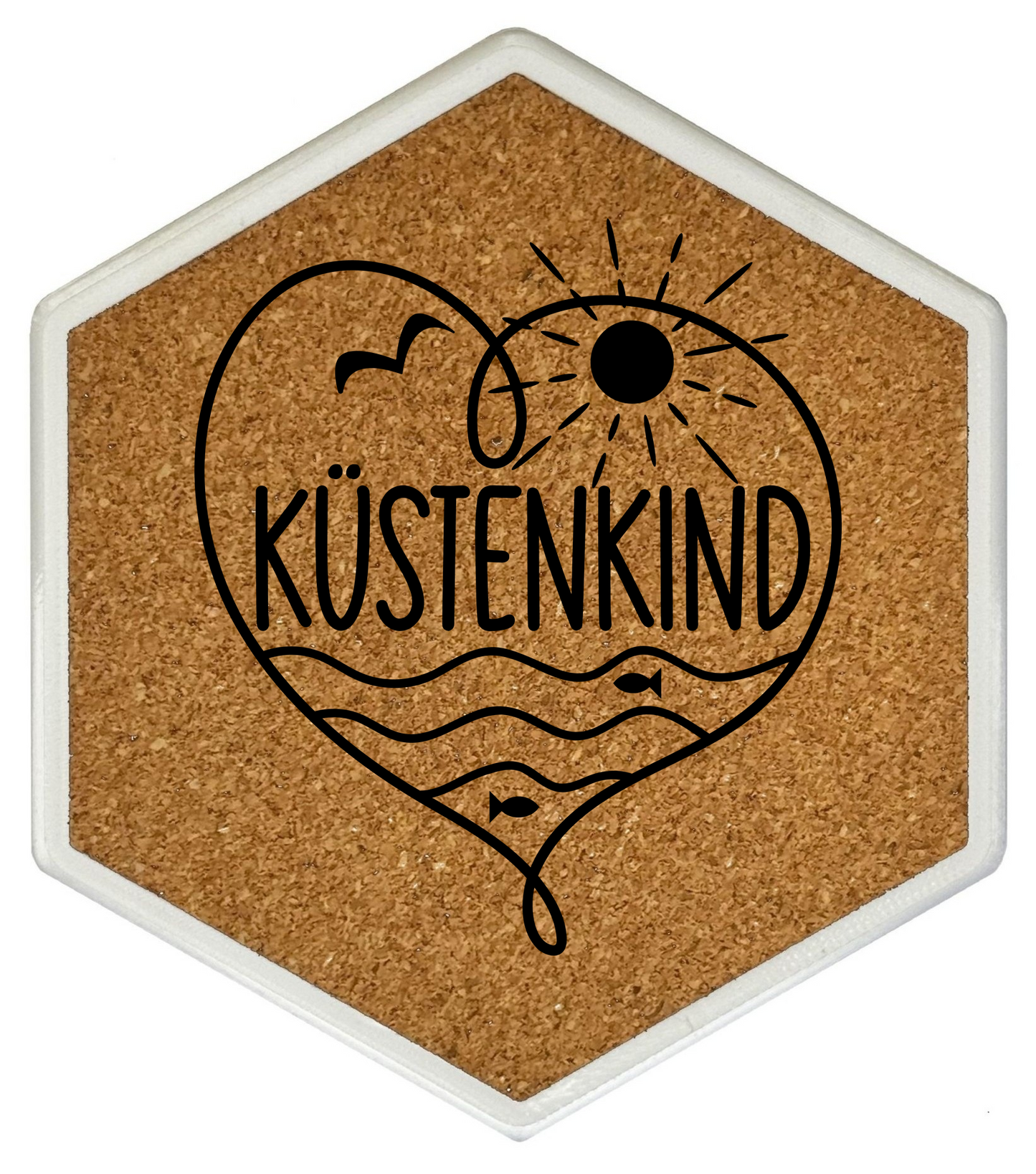Küstenkind – Hexagon Getränkeuntersetzer mit Kork und Flaschenöffner