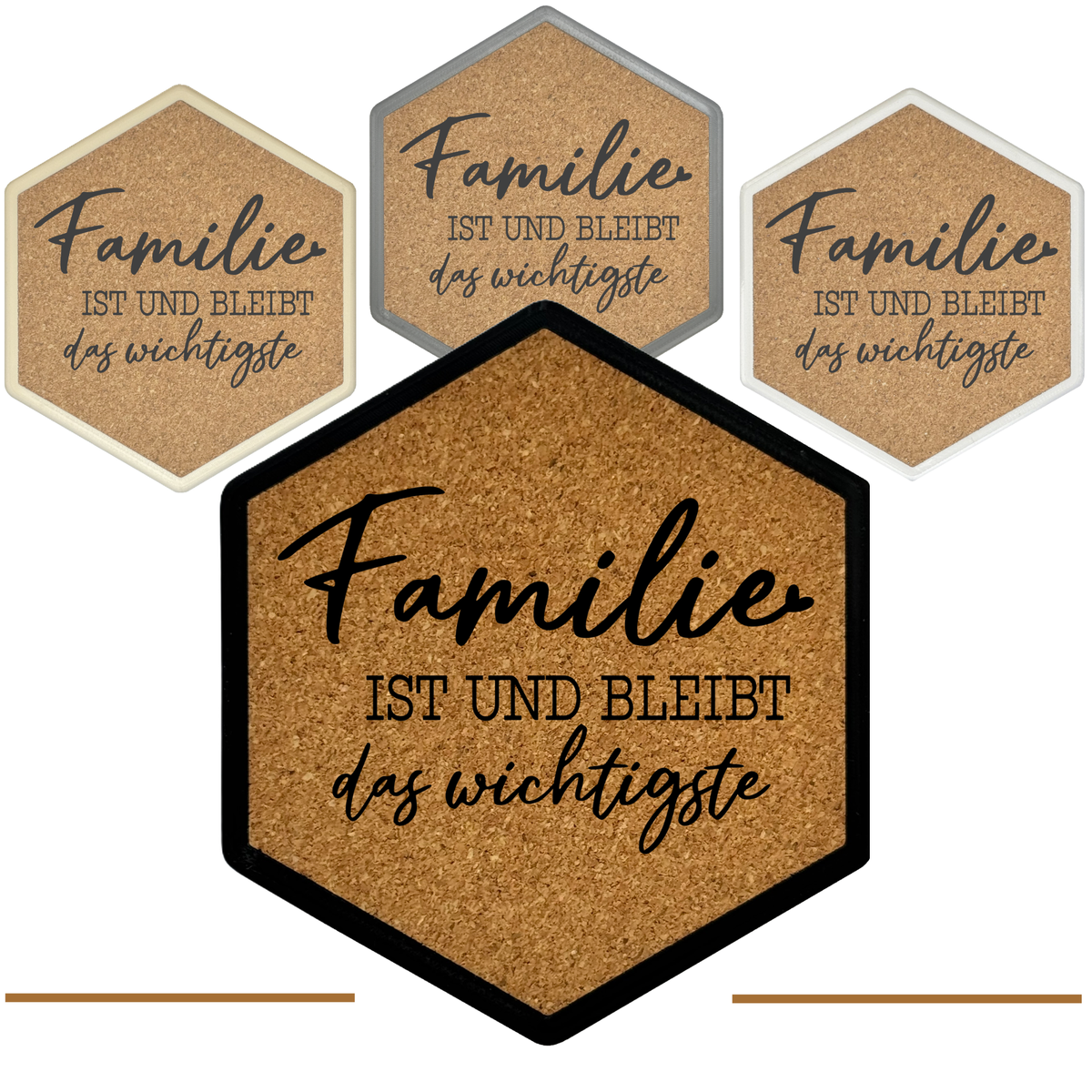 Familie ist und bleibt das wichtigste – Hexagon Getränkeuntersetzer mit Kork und Flaschenöffner