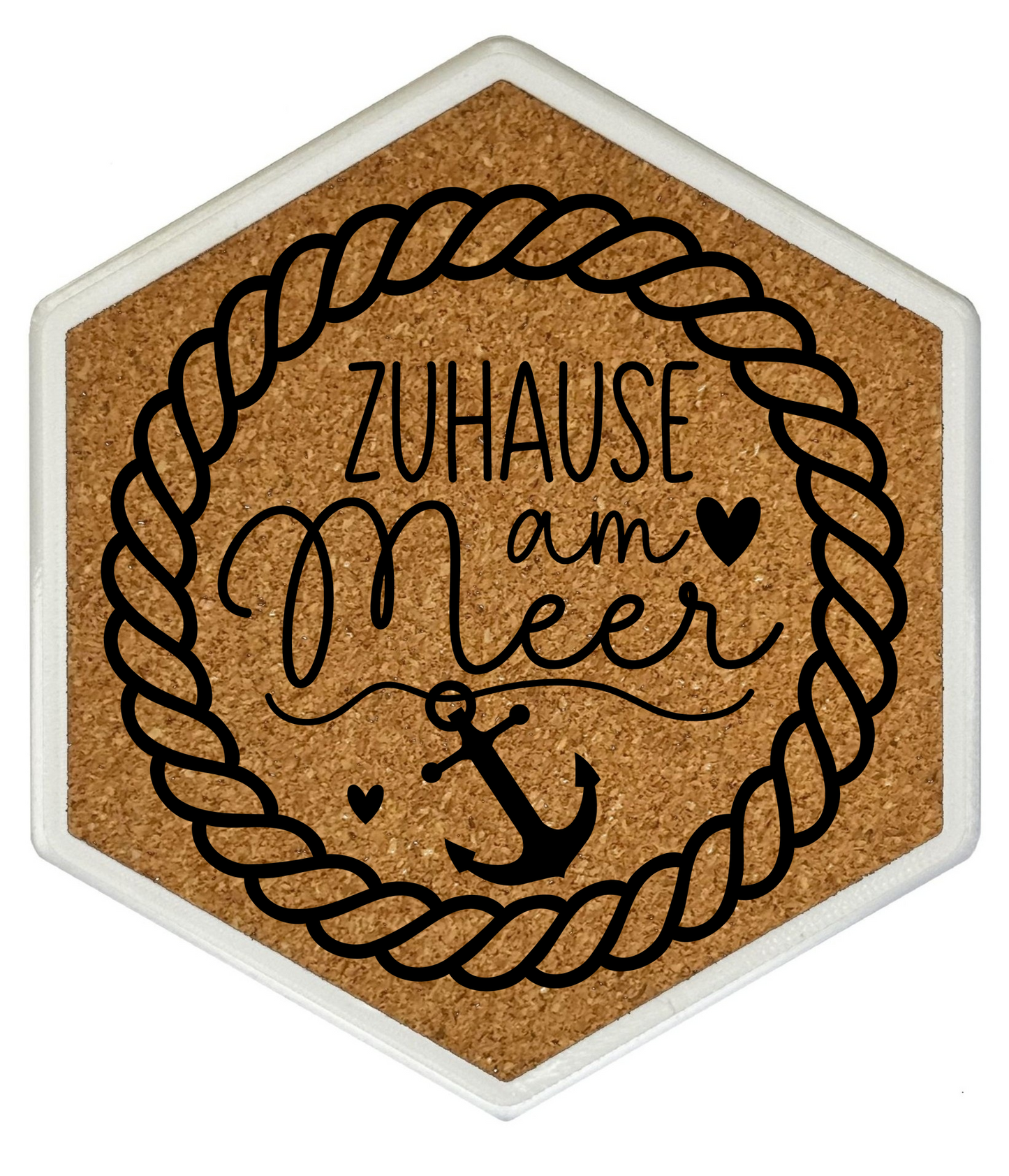 Zu Hause am Meer – Hexagon Getränkeuntersetzer mit Kork und Flaschenöffner