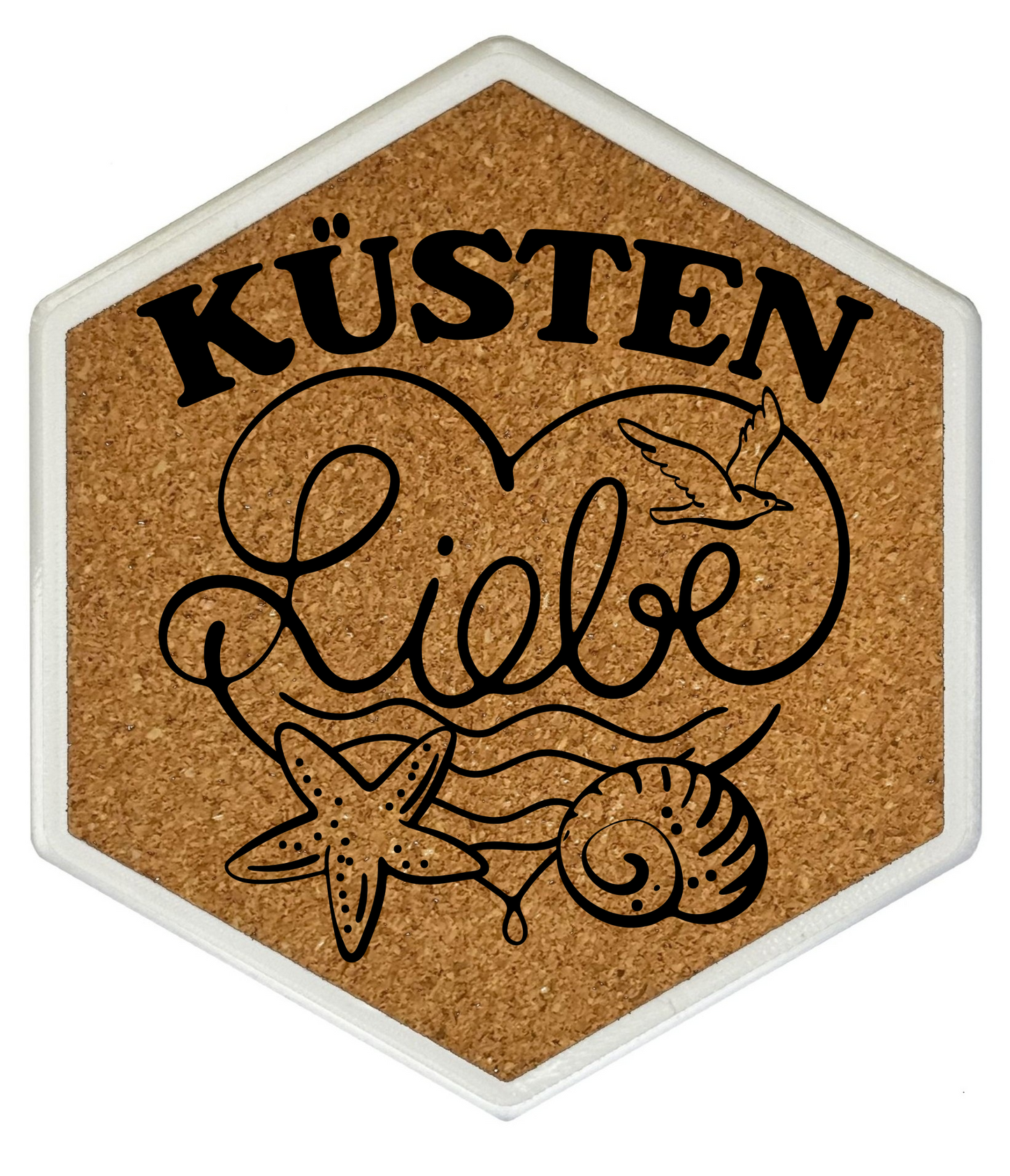 Küstenliebe – Hexagon Getränkeuntersetzer mit Kork und Flaschenöffner