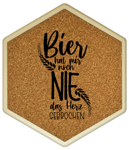Kork Untersetzer mit Flaschenöffner und Motiv Bier hat mir noch nie das Herz gebrochen
