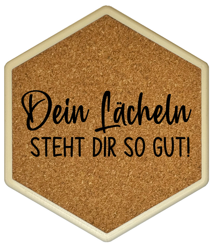 Kork Untersetzer mit Flaschenöffner und Motiv Dein Lächeln steht dir so gut