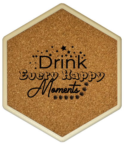 Kork Untersetzer mit Flaschenöffner und Motiv Drink Every Happy Moments