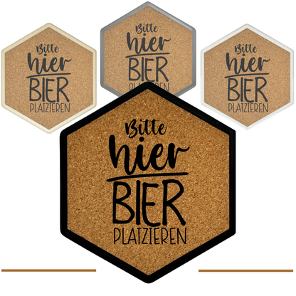 Kork Untersetzer mit Flaschenöffner und Motiv Bitte hier Bier platzieren