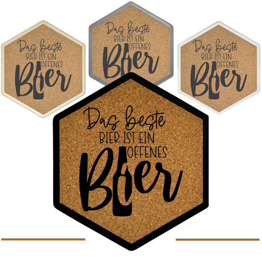 Kork Untersetzer mit Flaschenöffner und Motiv Das beste Bier ist ein offenes Bier