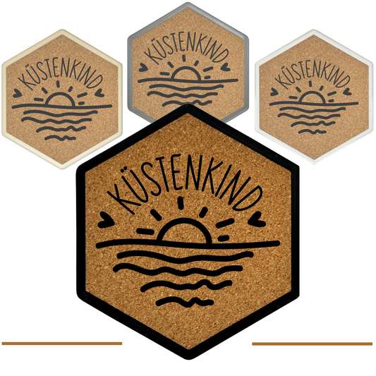 Hochwertiger Kork Getränkeuntersetzer für Bierflaschen und Gläser in maritimen Design mit Gravur