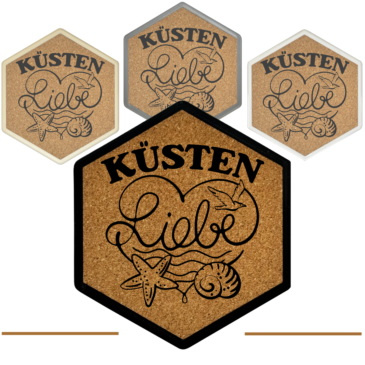 Hochwertiger Kork Getränkeuntersetzer für Bierflaschen und Gläser in maritimen Design mit Gravur