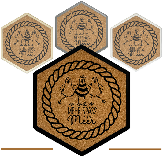 Premium Hexagon Untersetzer mit Flaschenöffner und Korkoberfläche