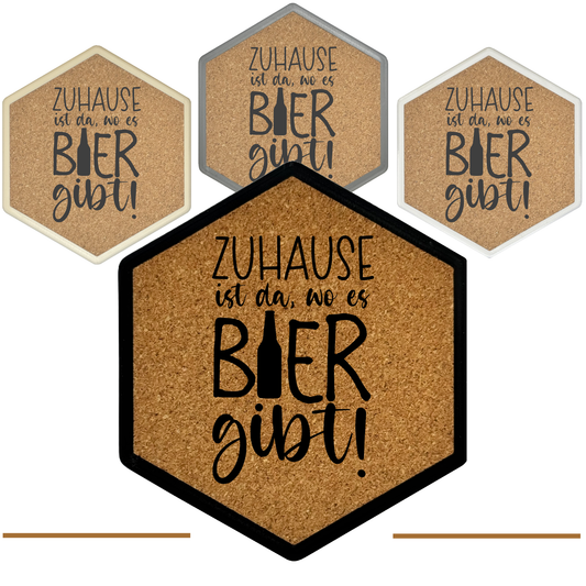 Kork Untersetzer mit Flaschenöffner und Motiv Zuhause ist da, wo es Bier gibt!