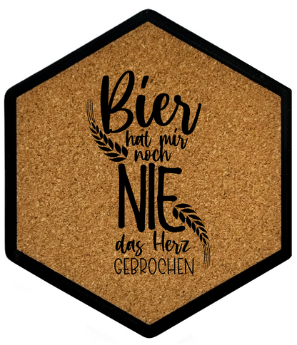 Kork Untersetzer mit Flaschenöffner und Motiv Bier hat mir noch nie das Herz gebrochen