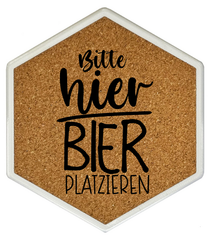 Kork Untersetzer mit Flaschenöffner und Motiv Bitte hier Bier platzieren