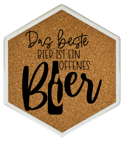 Kork Untersetzer mit Flaschenöffner und Motiv Das beste Bier ist ein offenes Bier