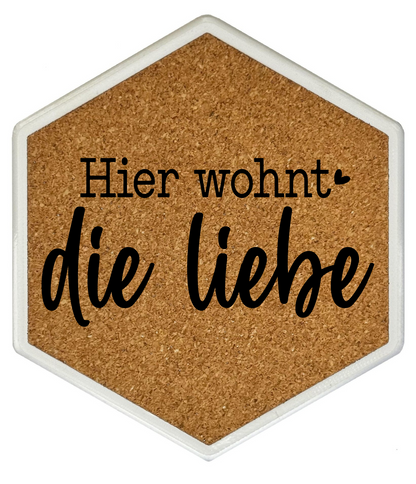 Kork Untersetzer mit Flaschenöffner und Hier wohnt die Liebe Motiv