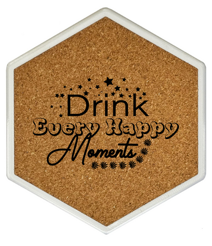 Kork Untersetzer mit Flaschenöffner und Motiv Drink Every Happy Moments
